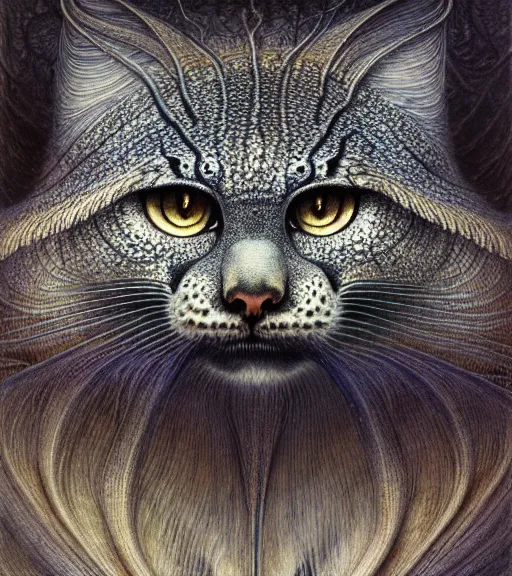 Image similar to detailed realistic beautiful manul portrait by jean delville, gustave dore, iris van herpen and marco mazzoni, art forms of nature by ernst haeckel, art nouveau, symbolist, visionary, gothic, neo - gothic, pre - raphaelite, fractal lace, intricate alien botanicals, ai biodiversity, surreality, hyperdetailed ultrasharp octane render