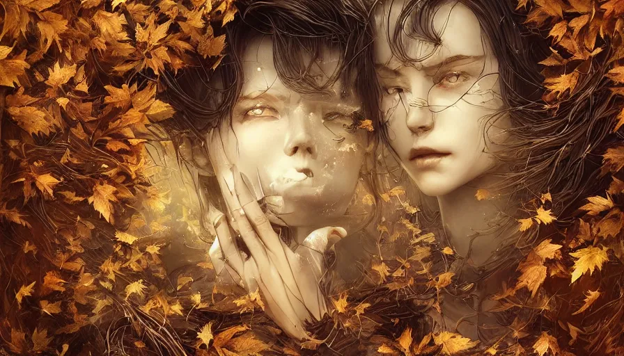 Prompt: golden leaves at frame border, creative!!! composition for a book cover!!!, absurdly beautiful, ultrafine hyperrealistic detailed old!! witch face by wlop and artgerm and greg rutkowski, intricate linework, sharp focus, smooth, octopath traveler, final fantasy, unreal engine, dramatic lighting, ethereal, 8 k