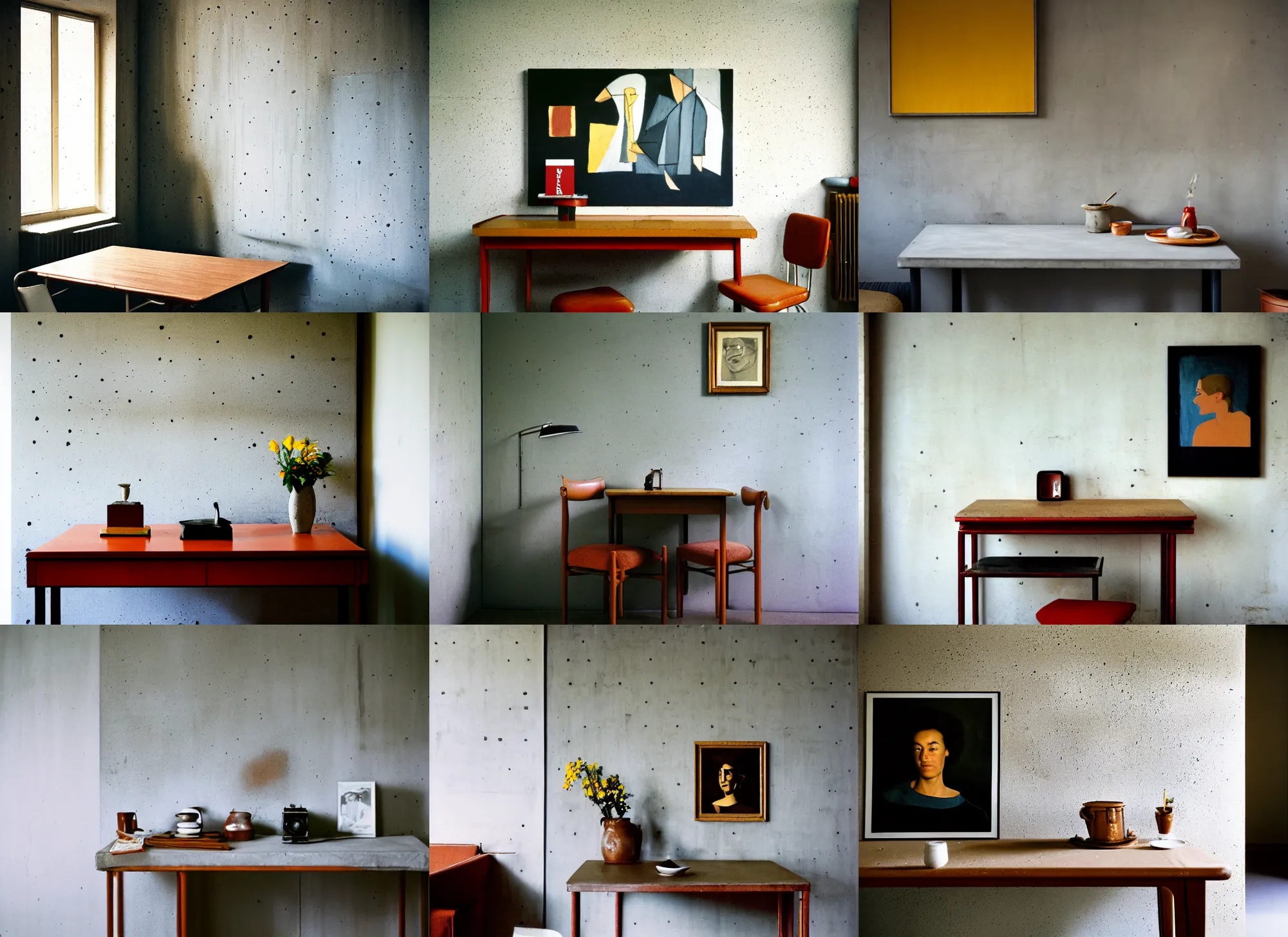 Prompt: kodak portra 4 0 0, 8 k, wide shot of a highly detailed, britt marling style, award winning colour still - life portrait of a large minimalistic room with rough concrete walls, a picasso painting, a square wall picture is leaning on the wall, a 1 9 5 0 s table, a 1 9 5 0 s table. 3 0 ° camera angle