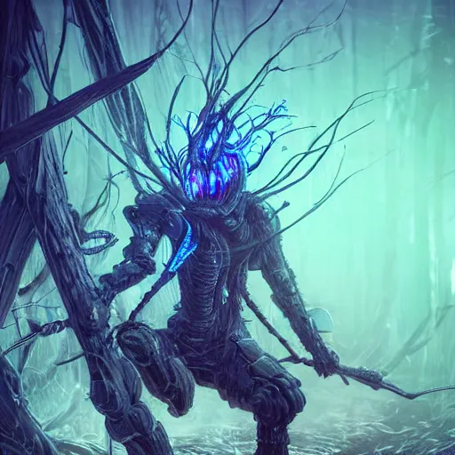 Image similar to Hunter in combat wooden exoskeleton with chrome details walks between the roots. by Dan Mumford and Tsutomu Nihei make game in Unreal Engine photorealism colorful finalRender iridescent fantasy concept art 8k resolution concept art ink drawing volumetric lighting bioluminescence, plasma, neon, brimming with energy, electricity, power, Colorful Sci-Fi Steampunk Biological Living, cel-shaded, depth, particles, lots of reflective surfaces, subsurface scattering