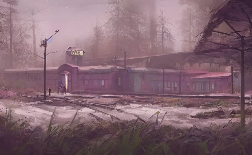 Prompt: An abandoned train station by Simon Stalenhag and Walt Disney, hyperrealism art, cinematic lighting, overgrown swedish urban landscape, disney concept art, 8k resolution, trending on artstation
