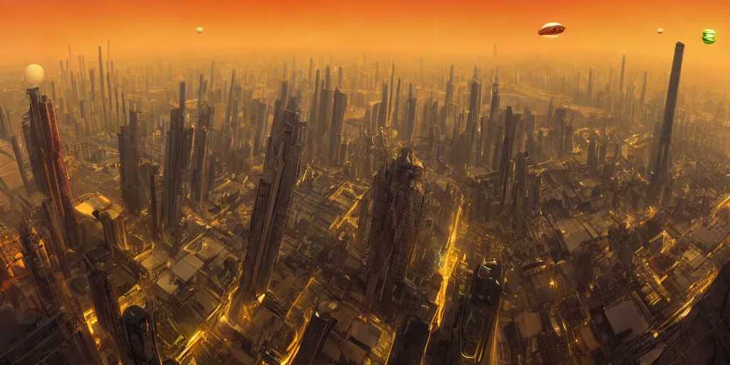 Prompt: big futuristic city like coruscant, with a yellow green smog sky, cinematic lighting, power plants with smoke, factories, tall metal towers, flying metal orbs with red lights, flying vehicles, a big moon in the sky, one blimp in the distance, hd 4k photo