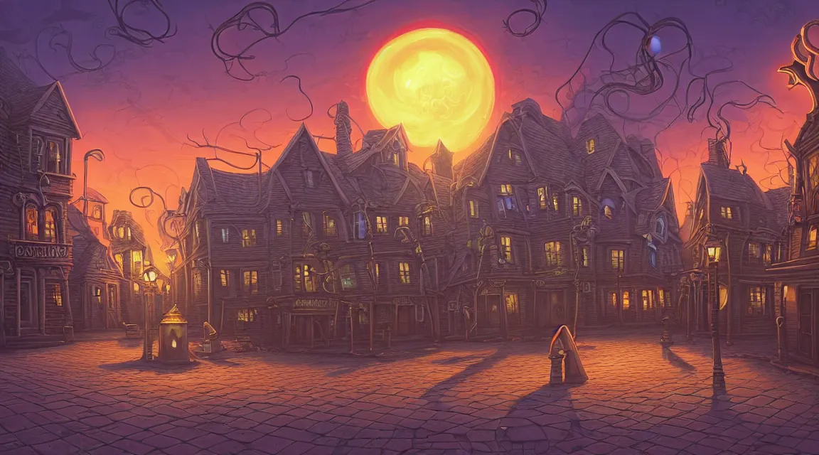 Image similar to empty lovecraftian town square surrounded by houses and inns. cthulhu statue. lovecraftian city at sunset by cyril rolando and naomi okubo and dan mumford and ricardo bofill. lovecraft. cobbled streets. oil lamp posts. lovecraftian. sunset swirly sky.