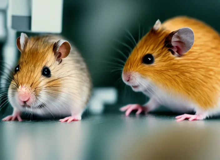 Image similar to film still of a hamster working in a research lab using a tiny microscope, 8 k