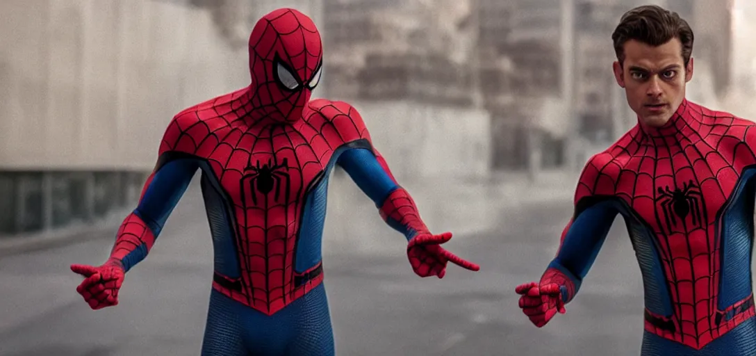 Image similar to Gigachad Spider-Man unmasked, film still, wide-shot, full shot, cinematic lens, heroic portrait