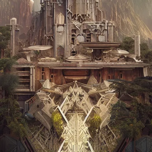 Image similar to modernist bauhaus style neverending story fractal palace, ultra realistic, concept art, intricate details, serious, highly detailed, photorealistic, octane render, 8 k, unreal engine, art by todd mcfarlane and artgerm and greg rutkowski and alphonse mucha