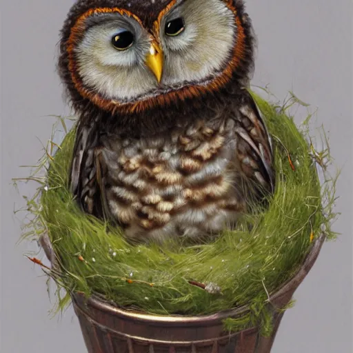 Image similar to long shot of a very cute owl chick nesting in a cup, esao andrews, by m. w. kaluta, soulful illustration, hyperrealistic, big depth of field, warm colors, night scenery, low light, 3 d octane render, 4 k, volumetric lights, intricate, smooth, cosy atmosphere, conceptart, hyperdetailed, hyperrealistic, trending on artstation