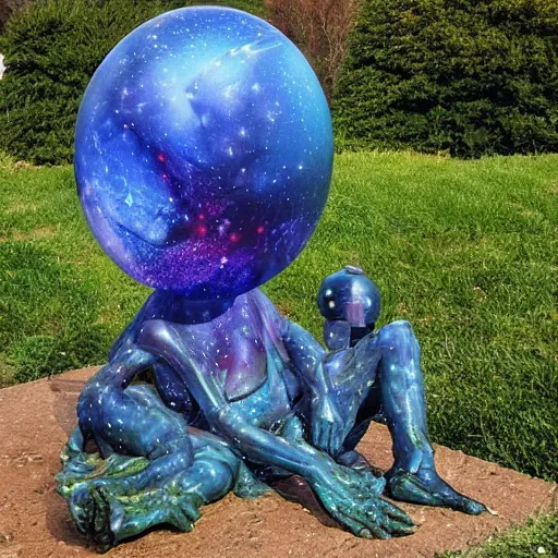 Prompt: A beautiful sculpture featuring a night sky filled with stars, and a small town in the distance. The sculpture is very peaceful and calming biopunk by Bill Medcalf, by Lisa Frank stormy