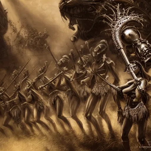 Image similar to marching band playing music, intricate detail, royo, vallejo, frazetta, giger, whealan, hd, unreal engine,