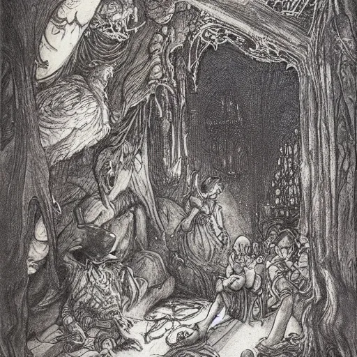 Image similar to once upon a midnight dreary, while i pondered, weak and weary, over many a quaint and curious volume of forgotten lore, by arthur rackham, highly detailed, 8 k,