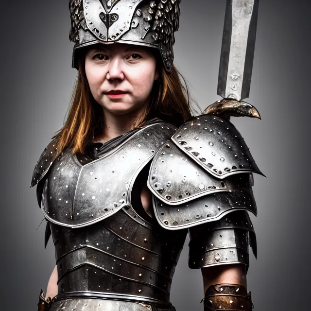 Prompt: full body photo of a beautiful cute strong warrior queen wearing metal owl armour, highly detailed, 8 k, hdr, smooth, sharp focus, high resolution, award - winning photo