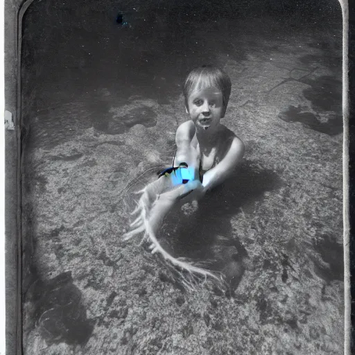 Prompt: tintype photo, swimming deep underwater, kid with huge spider