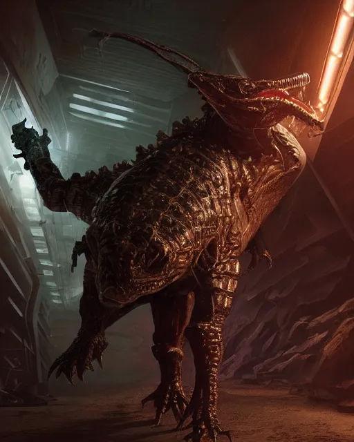 Image similar to Sci-Fi Crocodile alien, armored, big, art by Kashin, Wadim, Martinière, Stephan, holding rifle, sharp focus, pitch black cursed evil Spaceship hallway, dark light, soft purple glow, heroic pose, sci-fi artwork, octane render, dead space artwork, cyberpunk, warm light, occult, magical, volumetric lighting, 8k high definition, highly detailed, trending on art Station, centered, by Greg Rutkovski, sci-fi artwork, arnold render