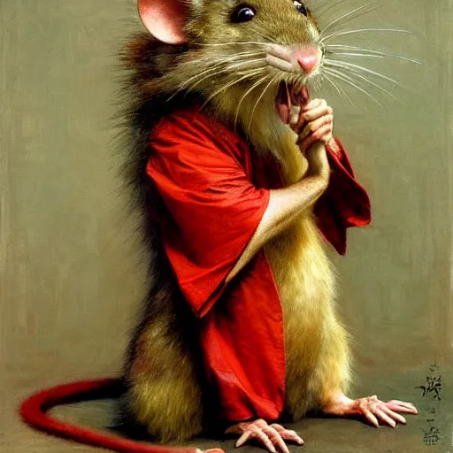 Image similar to a portrait of a furry splinter the rat wearing a red kimono, hairy, furry body, furry arms, feet, tail. highly detailed painting by gaston bussiere, craig mullins, j. c. leyendecker, furry