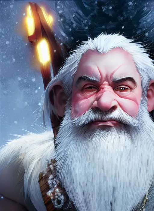 Image similar to dwarf with white hair, red iris, long beard, pale snow white skin, full body character portrait, colorful, octane render, unreal engine, studio lighting, photorealistic, highly detailed, digital art by studio ghibli and greg rutkowski and takehiko inoue