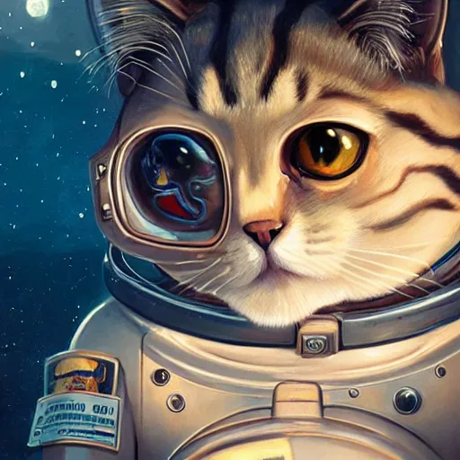 Image similar to head and shoulders masterpiece portrait of a cute adorable cat wearing a spacesuit, surreal background, digital art by krenz cushart,, moebius, greg rutkowski, zabrocki, karlkka, jayison devadas, phuoc quan, trending on artstation, 8 k, cgsociety,