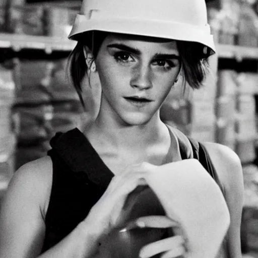 Image similar to photo, close up, emma watson in a hi vis vest, in warehouse, android cameraphone, as seen in 1 9 6 8 action movie, 2 6 mm,