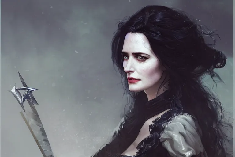 Image similar to A portrait of Eva Green as Yennefer from the Witcher 3 Game by Ruan Jia and Mandy Jurgens and Artgerm and william-adolphe bouguerea, highly detailed, trending on artstation, award winning, H 768