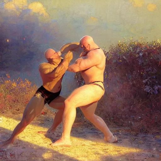 Image similar to bald wrestler breaking blonde wrestler's back, radiant light, caustics, heroic, bright iridescent light, by gaston bussiere, bayard wu, greg rutkowski, maxim verehin, epic wrestling combat, legendary