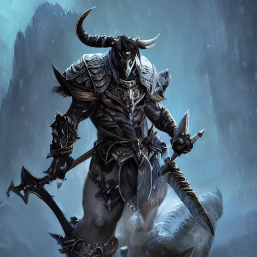 Prompt: dungeons & dragons avatar, fantasy concept art, portrait of a male minotaur fighter with black fur and plate armor, muscly build, fierce blue eyes, nose ring, scars, in the style of ruan jia, high detail, 8 k, uplit