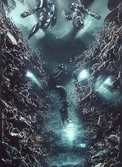 Image similar to astronauts divers in dark void underwater - complex and hyperdetailed technical suit design. reflection and dispersion materials. rays and dispersion of light. volumetric light. f / 3 2. noise film photo. flash photography. ultra realistic, 5 0 mm. poster by wayne barlowe, hajime sorayama aaron horkey, craig mullins