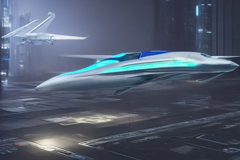 Image similar to cyberpunk alien concept inspired jet plane, futuristic look, highly detailed body, very powerful, photorealistic camera shot, bright studio setting, studio lighting, crisp quality and light reflections, unreal engine 5 quality render