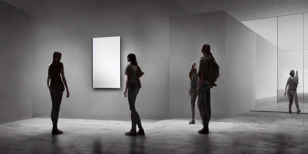 Prompt: a persons in current and alternate universe in a single frame watching each other in mirrors, unreal 5, hyperrealistic, realistic, photorealistic, dynamic lighting, highly detailed, cinematic landscape, studio landscape, studio lighting, 1 0 0 mm