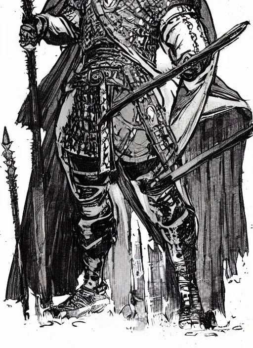 Prompt: character design concept art illustration reference of a medieval warrior. by Mike Mignola and Rebecca Guay.