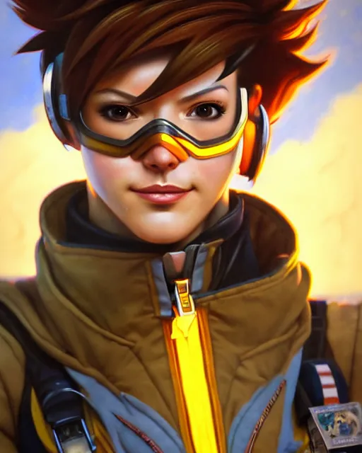 Image similar to tracer from overwatch, pilot jacket, character portrait, portrait, close up, highly detailed, intricate detail, amazing detail, sharp focus, vintage fantasy art, vintage sci - fi art, radiant light, caustics, by boris vallejo