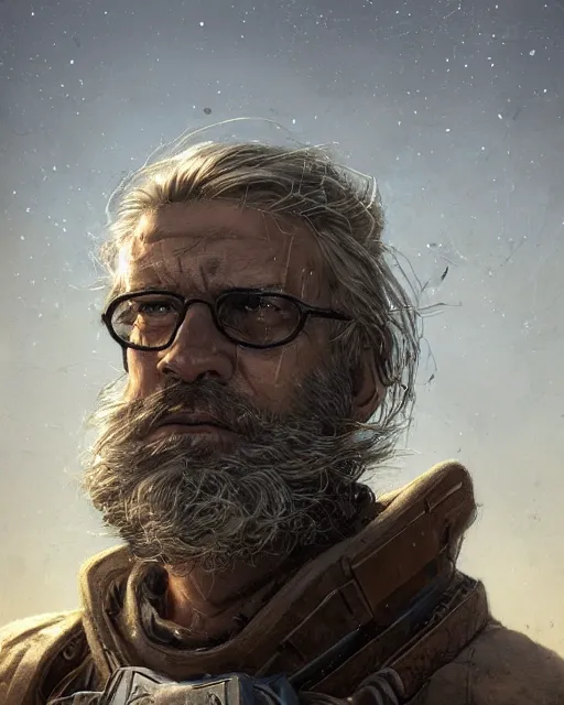 Prompt: a rugged middle aged scientist man with cybernetic enhancements and unique hair lost in the desert, scifi character portrait by greg rutkowski, esuthio, craig mullins, short beard, green eyes, 1 / 4 headshot, cinematic lighting, dystopian scifi gear, gloomy, profile picture, mechanical, half robot, implants, steampunk