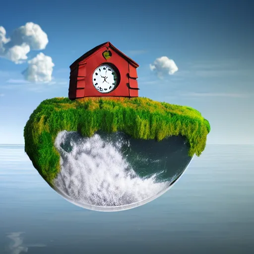 Image similar to a clock floating on an floating island, there are clouds around, it is on earth, on the background there are other floating islands too, floating at the ozone layer, cartoony, 4 k resolution, award winning