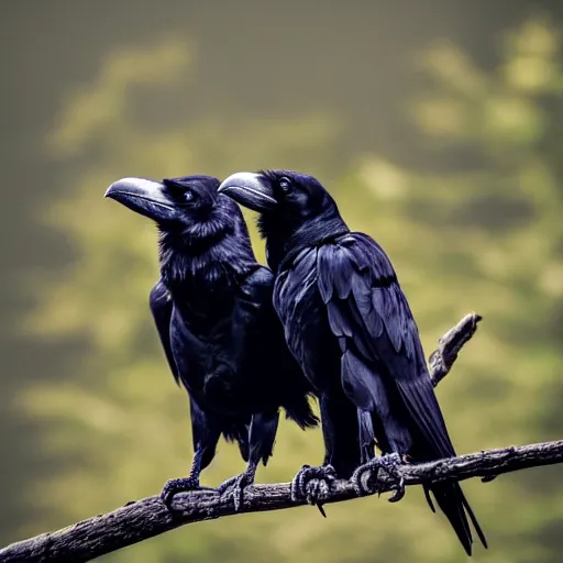 Prompt: two raven sitting on a branch. highly detailed. dramatic lighting.