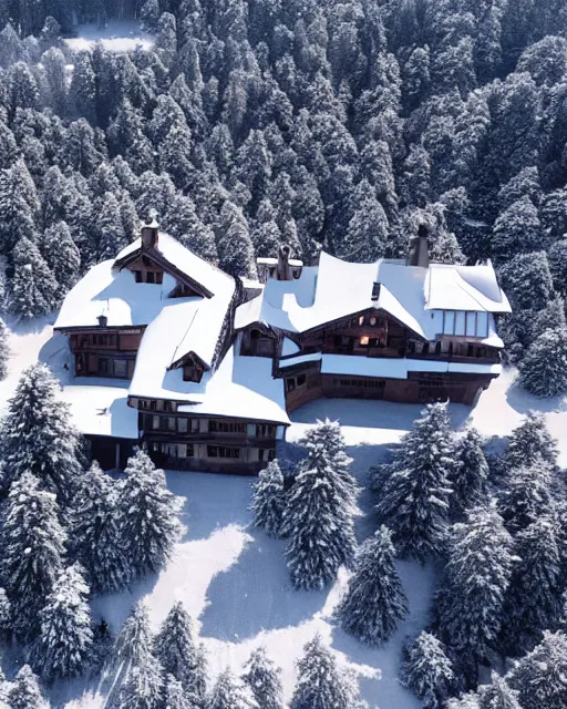 Image similar to burning mansion in the alps with snow covered roof zoomed out, shot from drone, iphone capture, fire