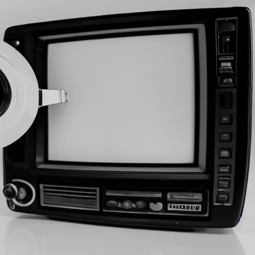 Image similar to a professional studio photograph (of a 90s television and VHS combo playing a video) ((((((((((((((of clouds)))))))))))))), key light, 50mm, shallow depth of field, no artefacts