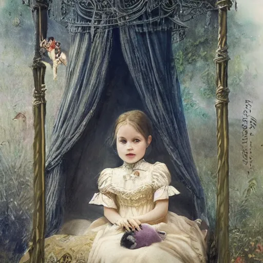 Prompt: a beautiful victorian girl child holding her pet monster in her gothic bedroom with canopy bed, detailed matte painting by omar rayyan, 8k