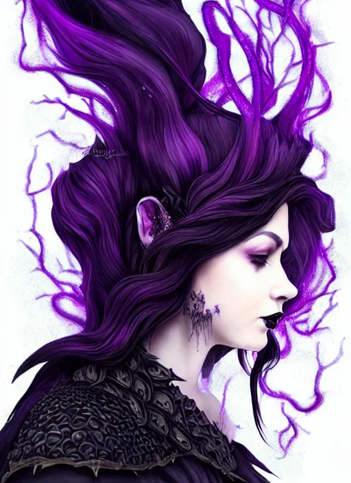 Image similar to side portrait dark queen, witch outfit large cloak, fantasy forest landscape, dragon scales, fantasy magic, undercut hairstyle, short purple black fade hair!!!!!!, dark light night, intricate, elegant, sharp focus, illustration, highly detailed!!!!!!!, digital painting, concept art, green neon smoke, matte painting, art by WLOP and Artgerm and Greg Rutkowski and Alphonse Mucha, masterpiece