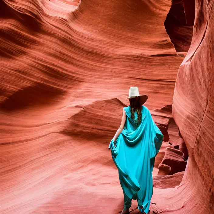 Prompt: closeup portrait of a woman wrapped in turquoise fiber, standing in antelope canyon in arizona, color photograph, by vincent desiderio, canon eos c 3 0 0, ƒ 1. 8, 3 5 mm, 8 k, medium - format print