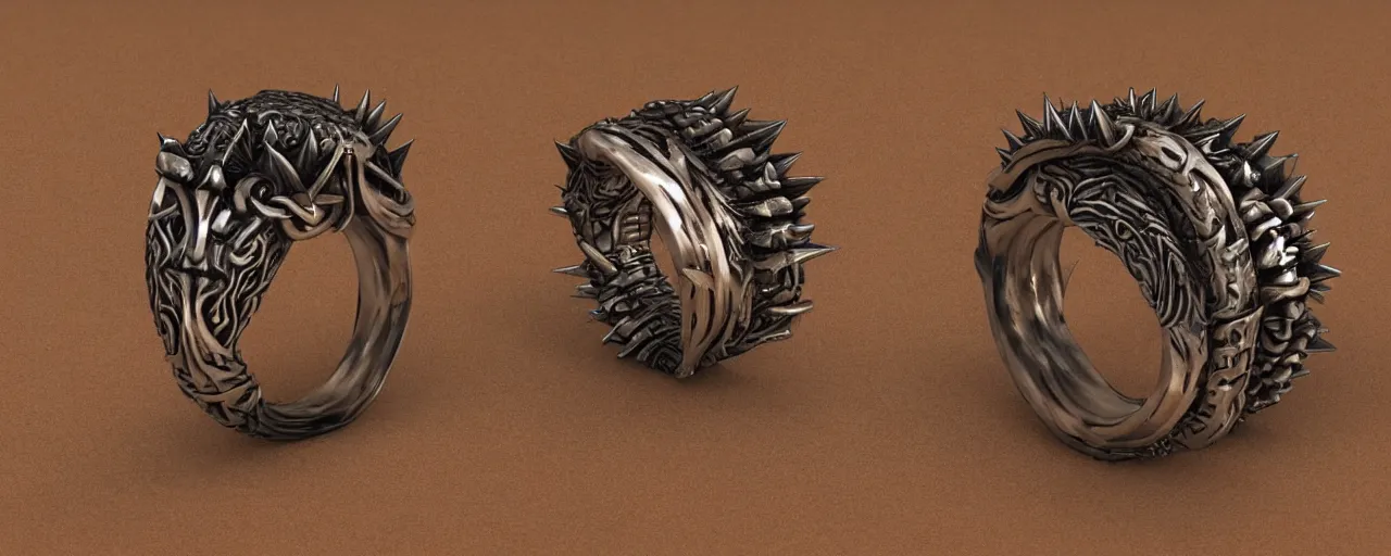 Image similar to wooden ring with spikes, ring, wood, steel, sword, smooth shank, engravings, product design, jewelry, art by gerald brom, greg rutkowski and artgerm and james jean and zdzisław beksinski, 8 k, unreal engine, c 4 d