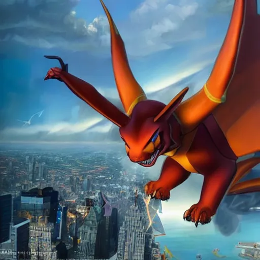 Image similar to charizard flying above new york, made by stanley artgerm lau, wlop, rossdraws, artstation, cgsociety, concept art, cgsociety, octane render, trending on artstation, artstationhd, artstationhq, unreal engine, 4 k, 8 k