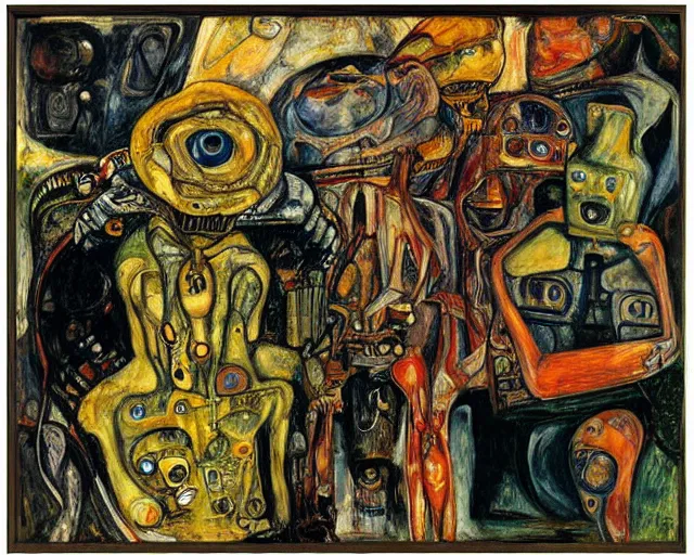 Image similar to a painting of a aliens and robots by graham sutherland, egon schiele, gustav klimt, edvard munch, expressionism