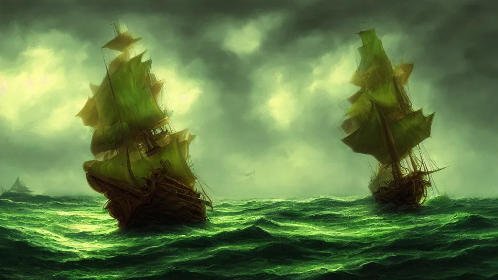 Prompt: gold galleon ship, green sea, storm. fantasy, digital painting, hd, detailed.