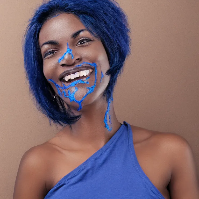 Prompt: A smiling black woman with blue hair and scar on the left cheek, portrait, very realistic, highly detailed