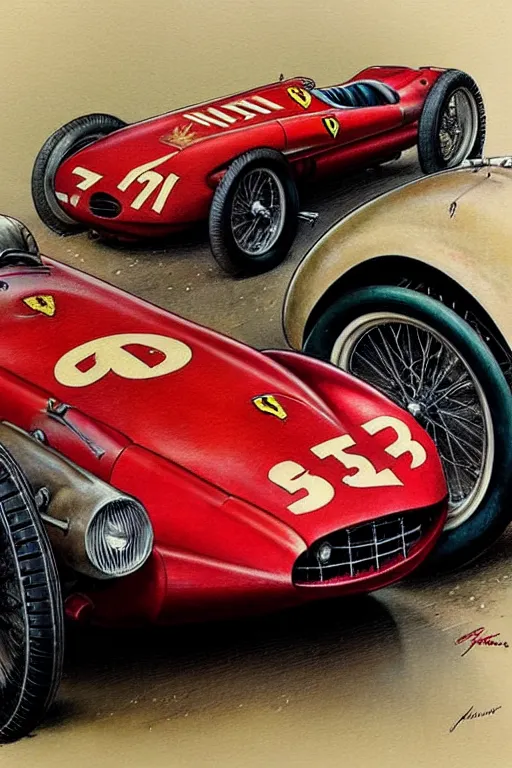 Prompt: (((((1950s racing Ferrari . muted colors.))))) by Jean-Baptiste Monge !!!!!!!!!!!!!!!!!!!!!!!!!!!