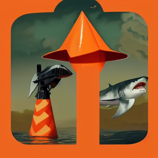 Image similar to great white shark with an orange traffic cone orange traffic cone orange traffic cone instead of a fin - ron cheng & alphonse mucha, highly detailed, digital painting, ray tracing, concept art, illustration, smooth sharp focus, intricate, symmetry, artstation,