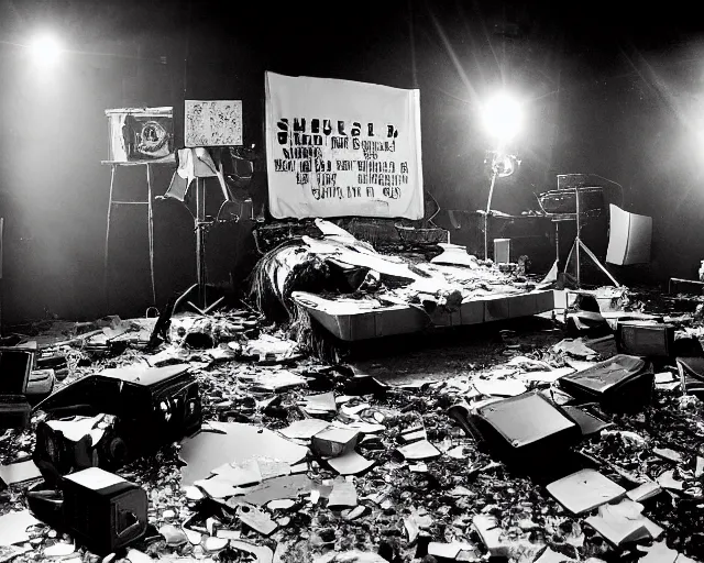 Prompt: paper mache diorama of a stage at a club, dim lights, broken computers and cables, glass shards, centered, by Terry Richardson, 8k, concert documentary, b&w photography, cinematography by Jim Jarmusch, set design by Neo Rauch