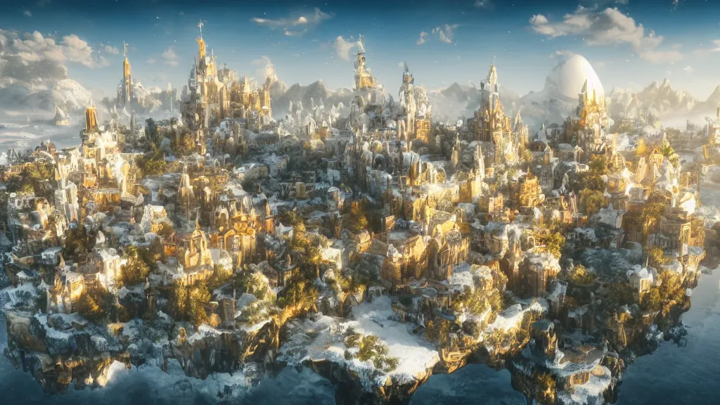 Prompt: a snow white and golden city flying with a floating island, sky island, white, pure white and gold, fantasy artwork, very very very beautiful scenery, hd, hdr, ue5, ue6, unreal engine 5, cinematic 4k wallpaper, 8k, ultra detailed, high resolution, artstation, award winning