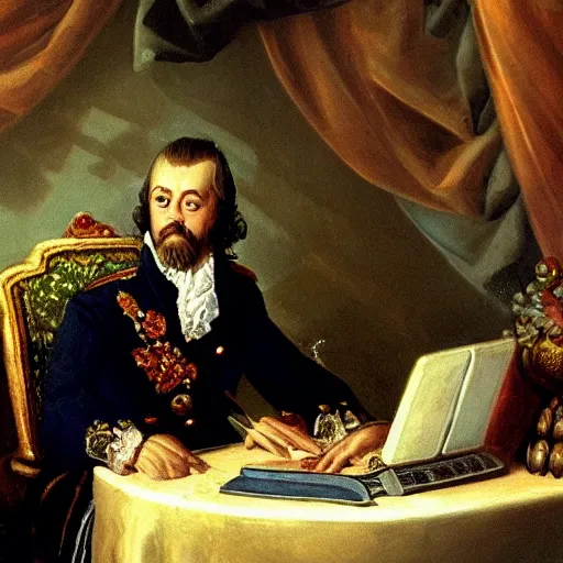 Image similar to russian tsar Peter The Great 18th century installs operating system on desktop computer oil painting, detailed, artfully traced, 4k resolution, cinematic, dramatic