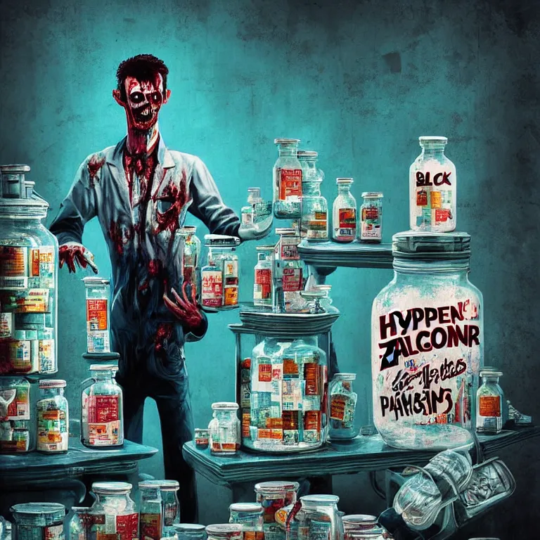 Image similar to hyperdetailed poster painting in a color style of 70's black poster art of an a crazy pharmacist zombie holding a giant jar of pills, epic scale ultrawide angle, 3D rendered, Vray rendered, octane render, unreal engine