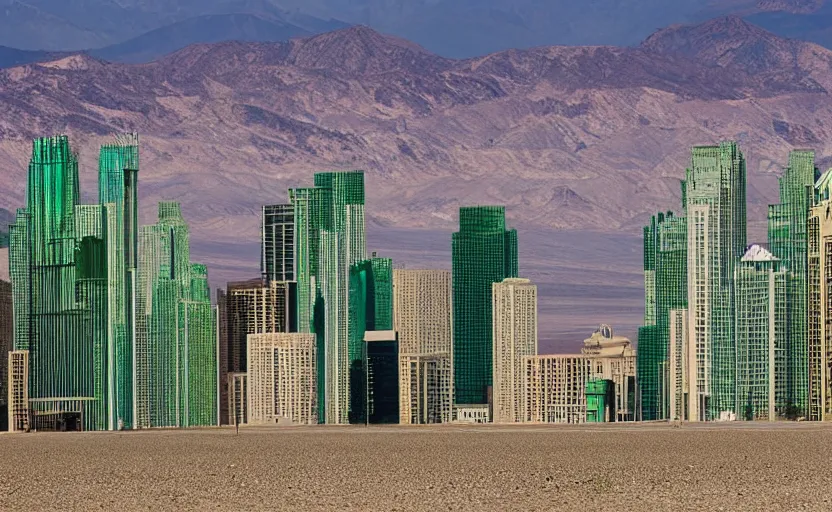 Prompt: green city of glass skyscrapers built in death valley