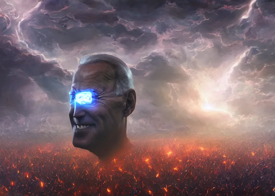 Image similar to large abstract painting of giant grinning evil dynamic Joe Biden head emerging from cosmic clouds at giant immense crowd of person army, trending on ArtStation, masterpiece, by Ciurlionis, octane, lightbeam eyes, oil on canvas, moody lighting, lights beaming out of eyes, cinematic, professional environment concept art